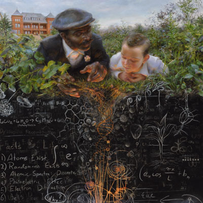 ''Do You Know What’s Inside This Flower? George Washington Carver Mentors a Young Henry A. Wallace'', oil, 64x48”, Iowa State University Museums Collection