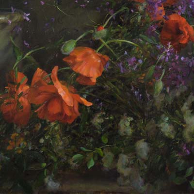 ''Poppies and Bridal Wreath'', oil, 28x48'', private collection