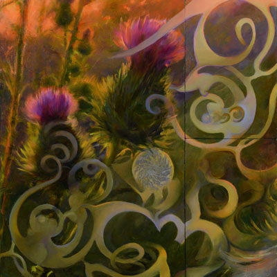 ''Thistle Series'', three of 28 panels, oil, private collection
